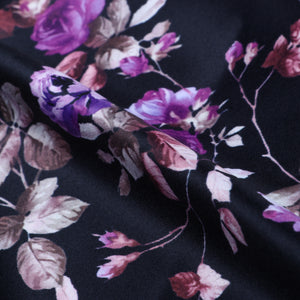 Purple And Black Floral Pattern Digital Print Silk Satin Fabric
