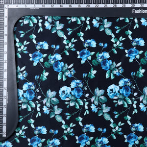 Turquoise And Black Floral Pattern Digital Print Silk Satin Fabric