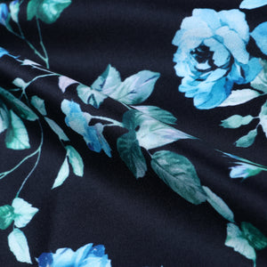 Turquoise And Black Floral Pattern Digital Print Silk Satin Fabric