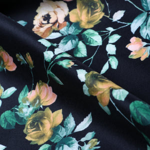 Yellow And Black Floral Pattern Digital Print Silk Satin Fabric