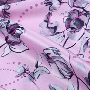 Pink And Grey Floral Pattern Digital Print Silk Satin Fabric