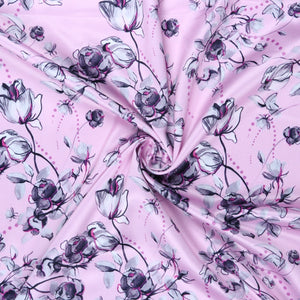 Pink And Grey Floral Pattern Digital Print Silk Satin Fabric