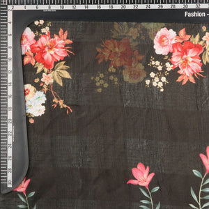 Dark Green And Pink Floral Pattern Digital Print Tangy Silk Checks Fabric