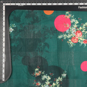 Green And Pink Floral Pattern Digital Print Tangy Silk Checks Fabric