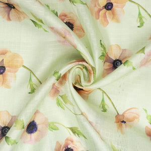 Mint Green And Yellow Floral Pattern Digital Print Tangy Silk Checks Fabric