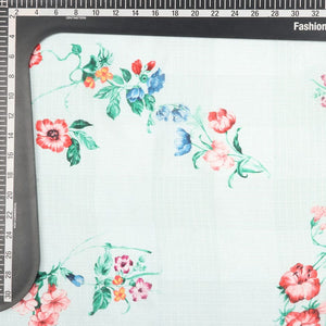 Light Cyan And Red Floral Pattern Digital Print Tangy Silk Checks Fabric