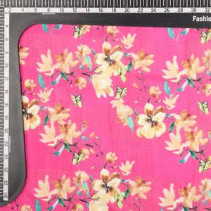 Bright Pink And Brown Floral Pattern Digital Print Tangy Silk Checks Fabric