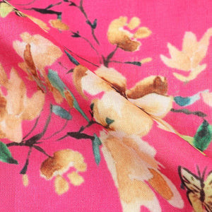 Bright Pink And Brown Floral Pattern Digital Print Tangy Silk Checks Fabric