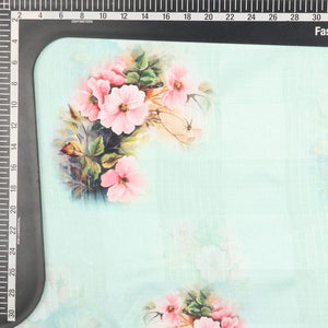 Mint Green And Baby Pink Floral Pattern Digital Print Tangy Silk Checks Fabric