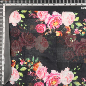 Black And Baby Pink Floral Pattern Digital Print Tangy Silk Checks Fabric