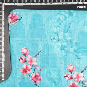 Blue And Pink Floral Pattern Digital Print Tangy Silk Checks Fabric