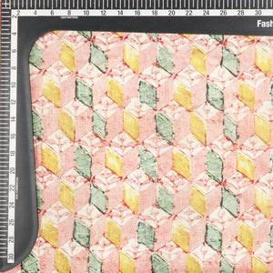 Peach And Yellow Geometric Pattern Digital Print Tangy Silk Checks Fabric