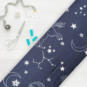 Navy Blue And White Galaxy Pattern Digital Print Ultra Satin Fabric