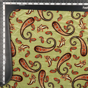 Olive Green And Dark Orange Paisley Pattern Digital Print Velvet Fabric