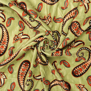 Olive Green And Dark Orange Paisley Pattern Digital Print Velvet Fabric