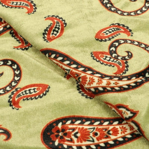 Olive Green And Dark Orange Paisley Pattern Digital Print Velvet Fabric