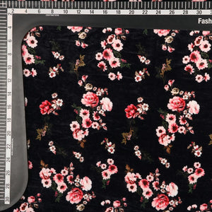 Dark Blue And Baby Pink Floral Pattern Digital Print Velvet Fabric