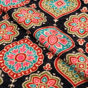 Dark Blue And Neon Pink Traditional Pattern Digital Print Velvet Fabric