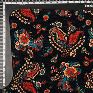 Dark Blue And Red Traditional Pattern Digital Print Velvet Fabric