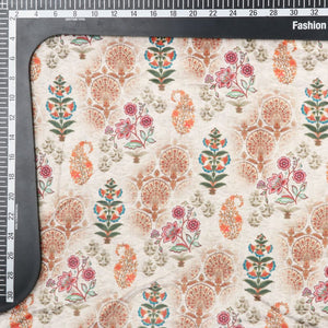 Beige And Maroon Floral Pattern Digital Print Velvet Fabric