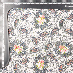 Light Beige And Light Orange Paisley Pattern Screen Print Moss Crepe Fabric