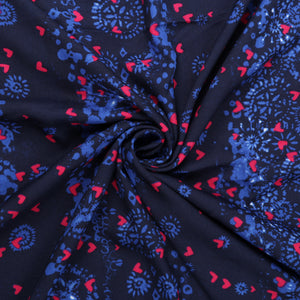 Navy Blue And Pink Heart Pattern Screen Print Moss Crepe Fabric