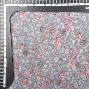 Grey And Salmon Red Floral Pattern Digital Print Chiffon Fabric